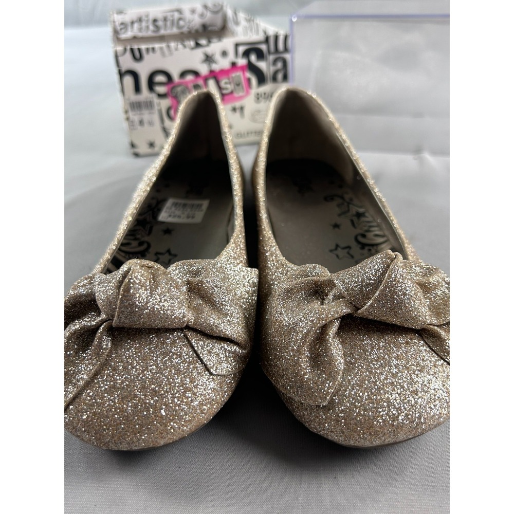 Brash Women Ballet Flats Size 4.5 Gold Glitter Bow Slip‎ On Y2K Glam Cute - Picture 8 of 9